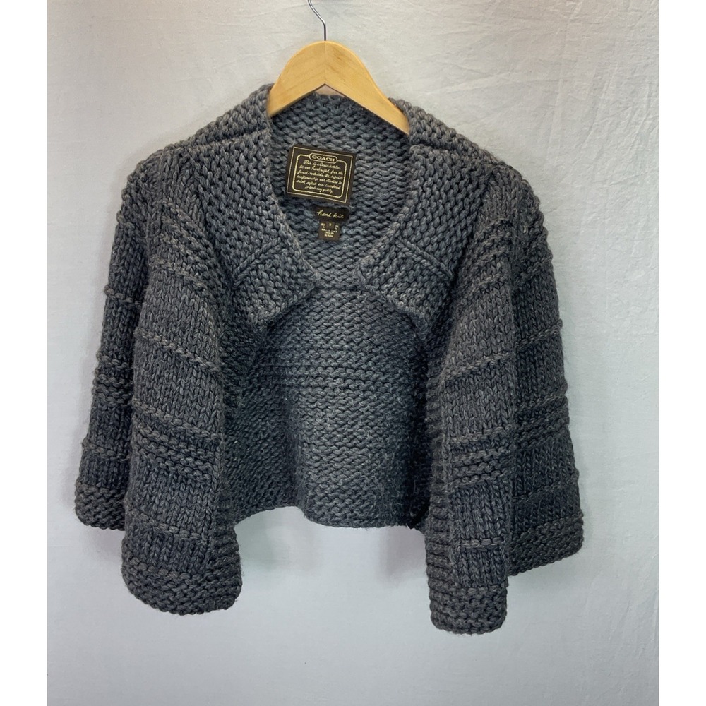 Coach Heavyweight Hand Knit Chunky Open Front Cardigan Sweater Grey Sz S Italy